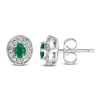 14K White Gold Oval Green Emerald and 1/10 Ct Diamond Halo Stud Earrings