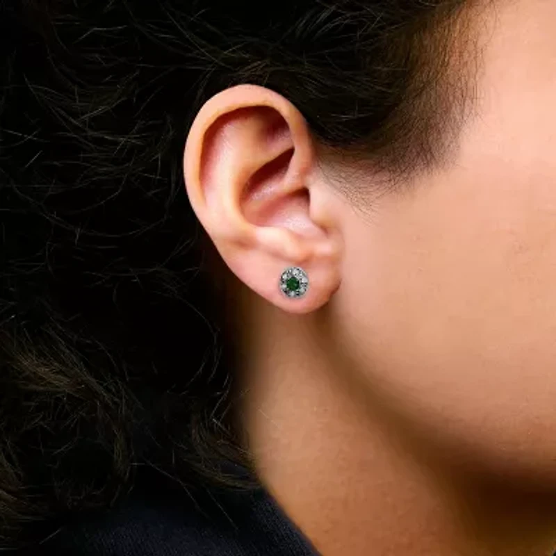 14K White Gold Oval Green Emerald and 1/10 Ct Diamond Halo Stud Earrings