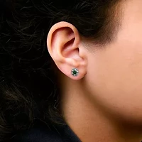 14K White Gold Oval Green Emerald and 1/10 Ct Diamond Halo Stud Earrings