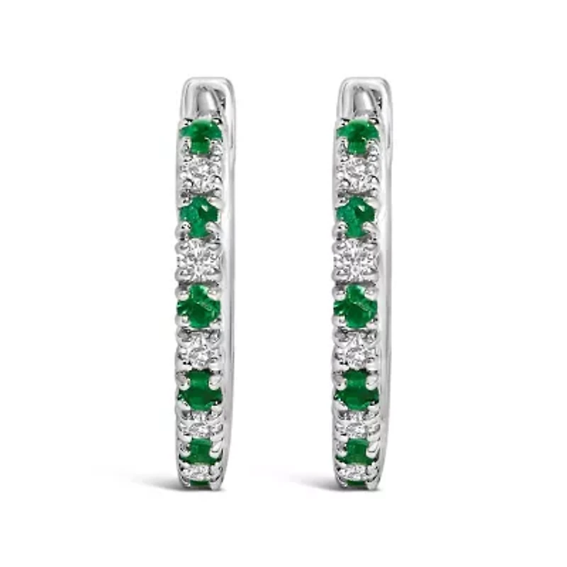 10K White Gold Alternating Emerald 1/10 Ct Diamond Huggy Hoop Earrings