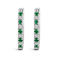 10K White Gold Alternating Emerald 1/10 Ct Diamond Huggy Hoop Earrings