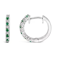 10K White Gold Alternating Emerald 1/10 Ct Diamond Huggy Hoop Earrings