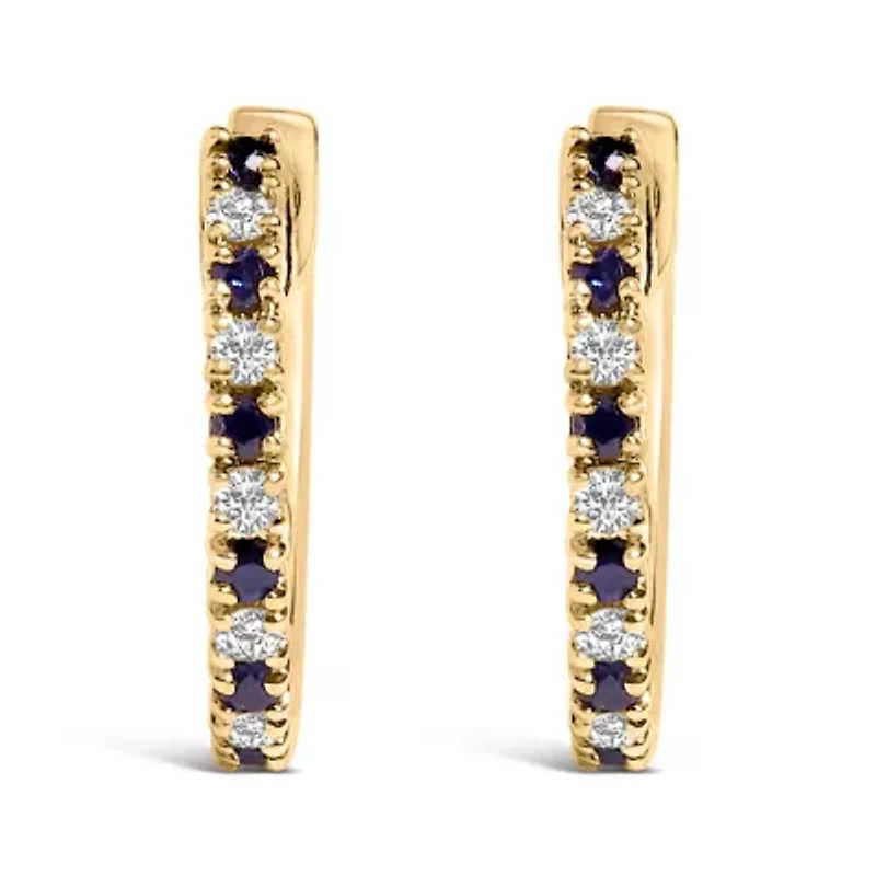 10K Yellow Gold Alternating Blue Sapphire 1/10 Ct Diamond Huggy Hoop Earrings