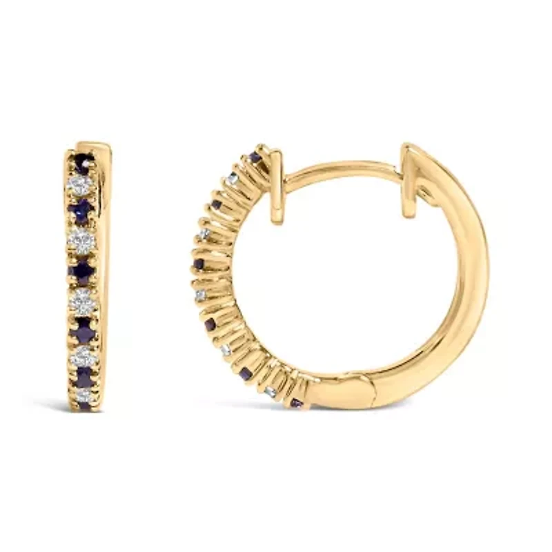 10K Yellow Gold Alternating Blue Sapphire 1/10 Ct Diamond Huggy Hoop Earrings