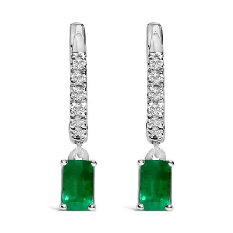 10K White Gold Oval Green Emerald and 1/8 Ct Diamond Drop Earrings