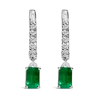 10K White Gold Oval Green Emerald and 1/8 Ct Diamond Drop Earrings