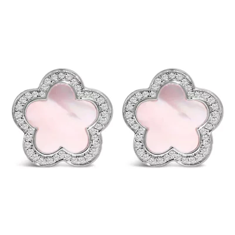 14K White Gold Mother of Pearl and 1/5 Cttw Diamond Halo Star Stud Earrings