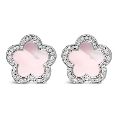 14K White Gold Mother of Pearl and 1/5 Cttw Diamond Halo Star Stud Earrings