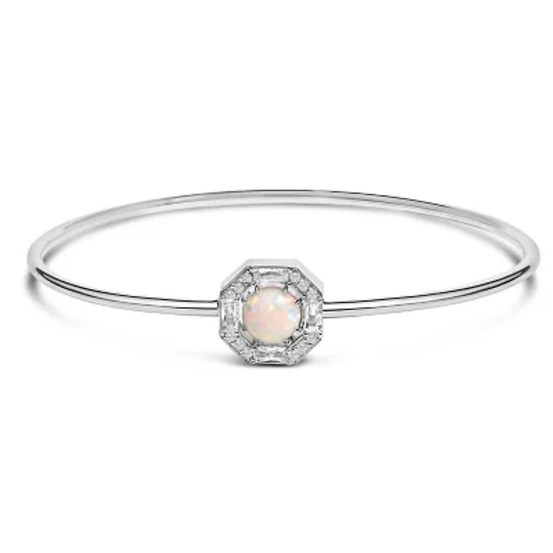 Lab Created Silver 7X7MM Created Opal and White Sapphire Halo Bangle Bracelet