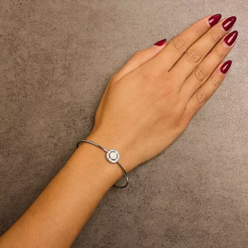 Lab Created Silver 7X7MM Created Opal and White Sapphire Halo Bangle Bracelet