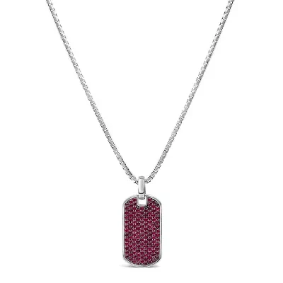 Lab Created Men's .925 Sterling Silver Created Red Ruby Dog Tag Pendant Necklace - 22" Inches