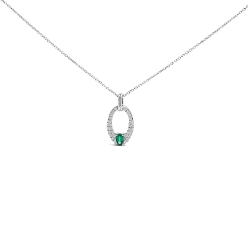 Lab Created Silver Created Green Emerald and White Sapphire Oval Shaped Pendant Necklace