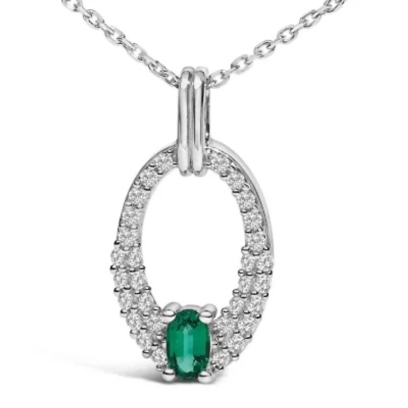 Lab Created Silver Created Green Emerald and White Sapphire Oval Shaped Pendant Necklace
