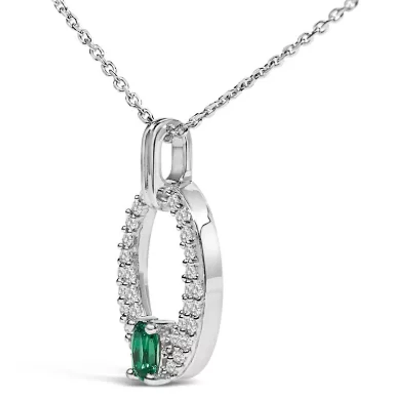 Lab Created Silver Created Green Emerald and White Sapphire Oval Shaped Pendant Necklace