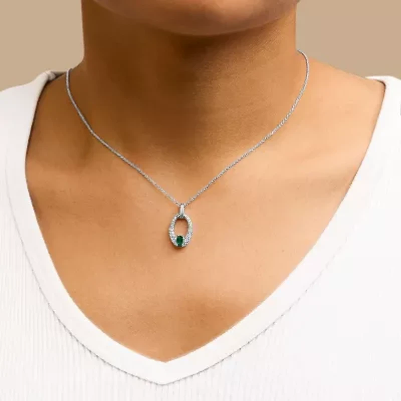 Lab Created Silver Created Green Emerald and White Sapphire Oval Shaped Pendant Necklace