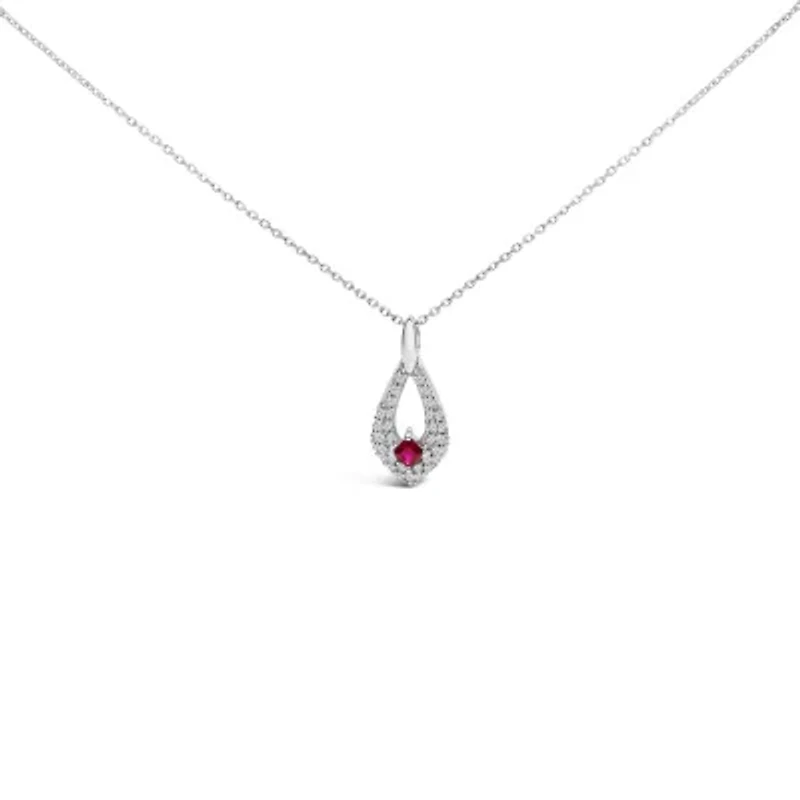 Lab Created Silver Created Red Ruby and White Sapphire Pear Shaped Pendant Necklace - 18" Inches