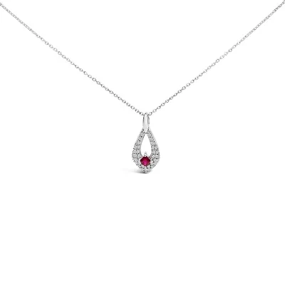 Lab Created Silver Created Red Ruby and White Sapphire Pear Shaped Pendant Necklace - 18" Inches