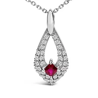 Lab Created Silver Created Red Ruby and White Sapphire Pear Shaped Pendant Necklace - 18" Inches