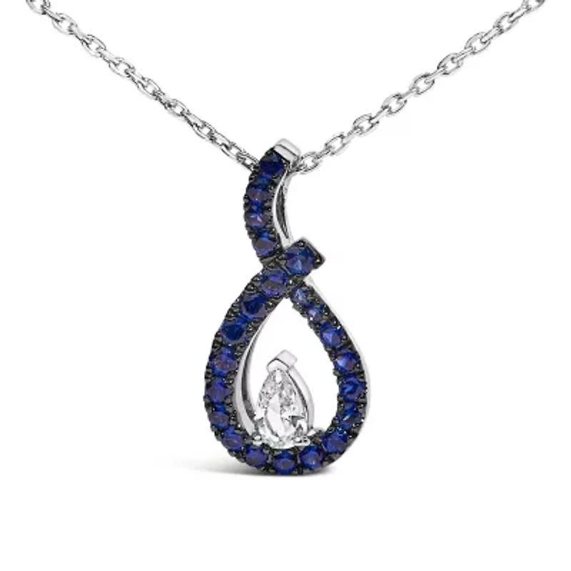 Lab Created Silver Created Blue and White Sapphire Teardrop Shaped Pendant Necklace - 18" Inches