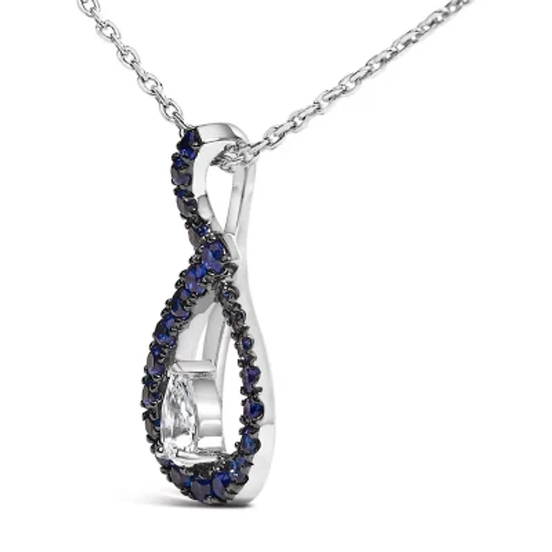 Lab Created Silver Created Blue and White Sapphire Teardrop Shaped Pendant Necklace - 18" Inches