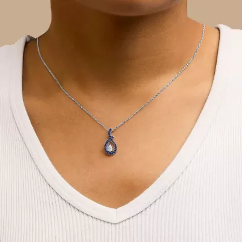 Lab Created Silver Created Blue and White Sapphire Teardrop Shaped Pendant Necklace - 18" Inches