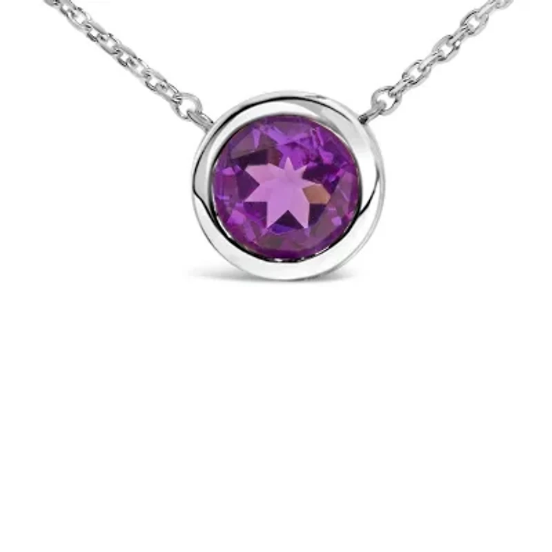 Lab Created Silver 7MM Bezel Set Created Purple Amethyst Pendant Necklace - 18" Inches
