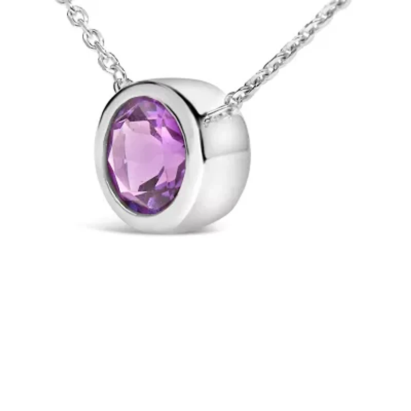 Lab Created Silver 7MM Bezel Set Created Purple Amethyst Pendant Necklace - 18" Inches