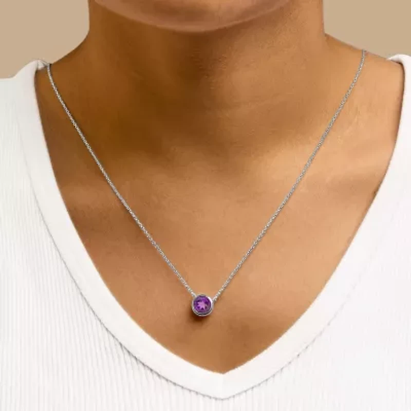 Lab Created Silver 7MM Bezel Set Created Purple Amethyst Pendant Necklace - 18" Inches