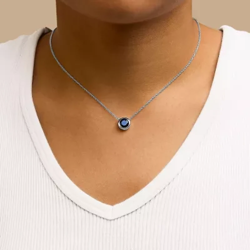 Lab Created Silver 7MM Bezel Set Created Sapphire Pendant Necklace