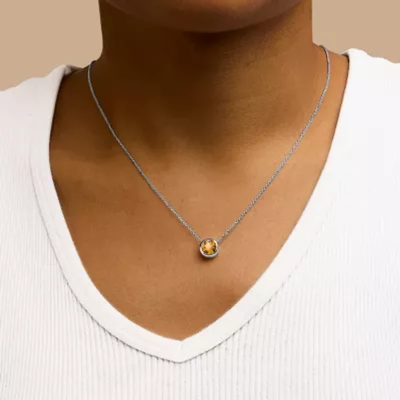 Lab Created Silver 7MM Bezel Set Created Yellow Citrine Pendant Necklace - 18" Inches