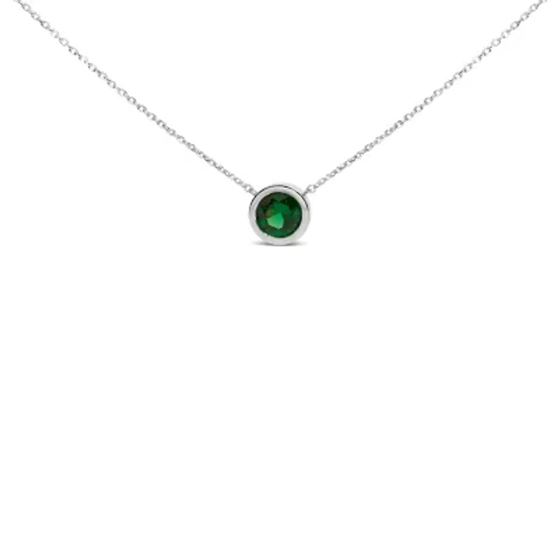 Lab Created Silver 7MM Bezel Set Created Green Emerald Pendant Necklace - 18" Inches
