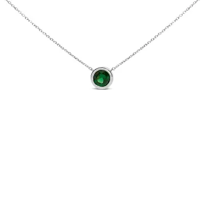 Lab Created Silver 7MM Bezel Set Created Green Emerald Pendant Necklace - 18" Inches