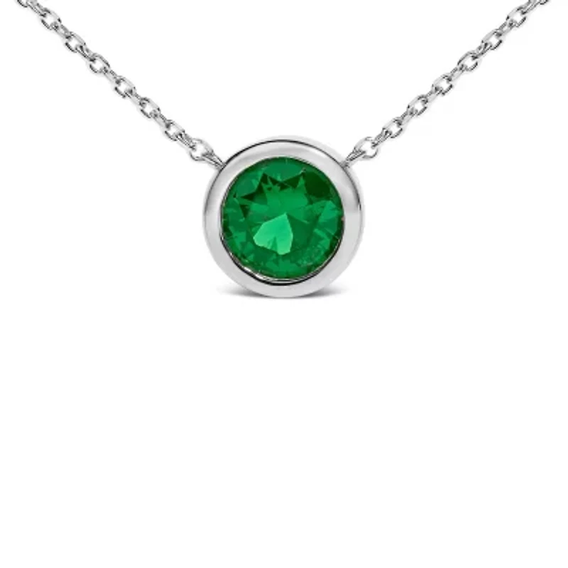 Lab Created Silver 7MM Bezel Set Created Green Emerald Pendant Necklace - 18" Inches