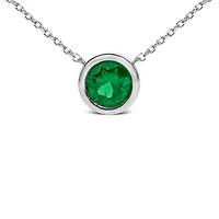 Lab Created Silver 7MM Bezel Set Created Green Emerald Pendant Necklace - 18" Inches