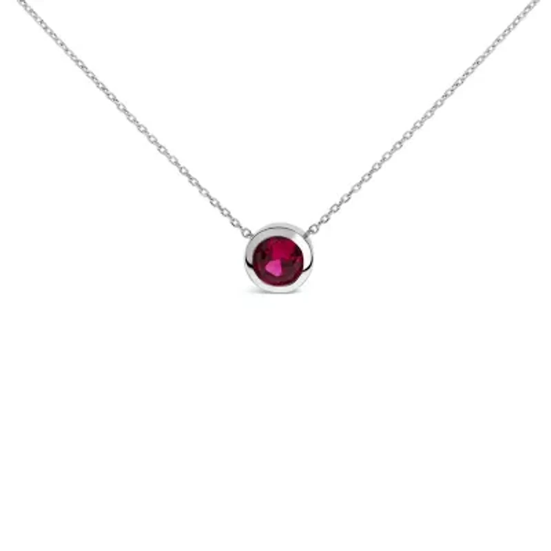 Lab Created .925 Sterling Silver 7MM Bezel Set Created Red Ruby Pendant Necklace - 18" Inches