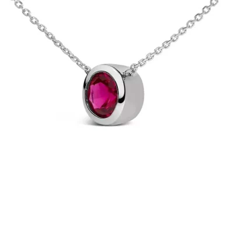 Lab Created .925 Sterling Silver 7MM Bezel Set Created Red Ruby Pendant Necklace - 18" Inches