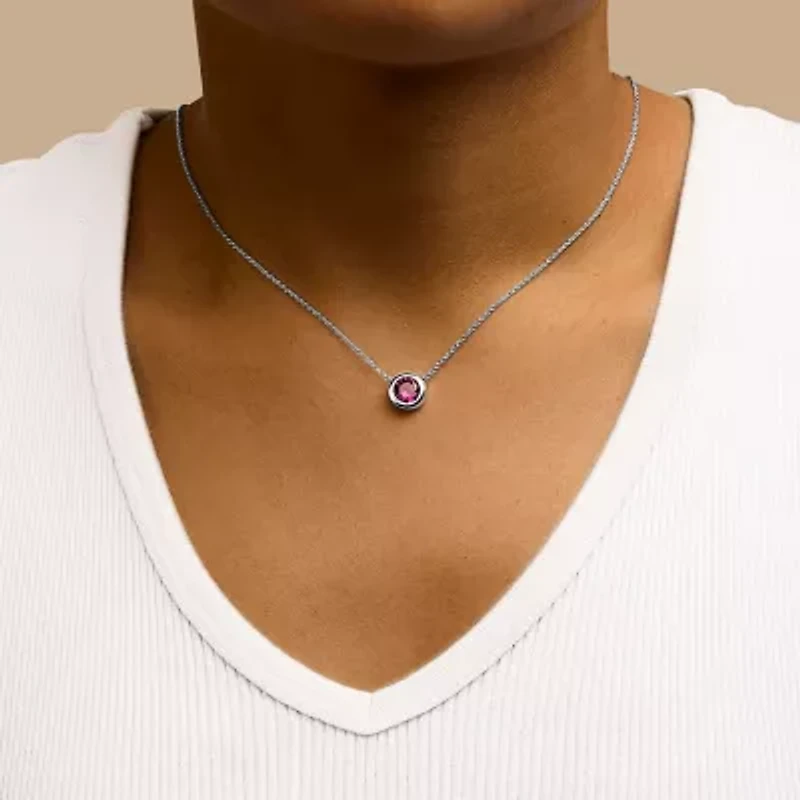 Lab Created .925 Sterling Silver 7MM Bezel Set Created Red Ruby Pendant Necklace - 18" Inches