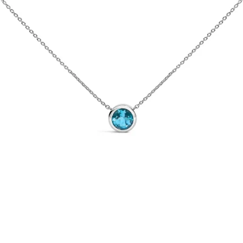 Lab Created .925 Sterling Silver 7MM Bezel Set Created Blue Topaz Pendant Necklace - 18" Inches