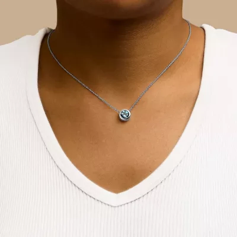 Lab Created .925 Sterling Silver 7MM Bezel Set Created Blue Topaz Pendant Necklace - 18" Inches