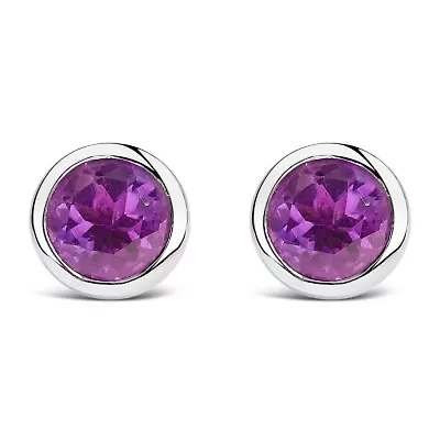 Silver 6MM Bezel Created Purple Amethyst Solitaire Stud Earrings