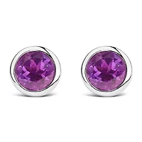 Silver 6MM Bezel Created Purple Amethyst Solitaire Stud Earrings