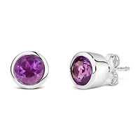 Silver 6MM Bezel Created Purple Amethyst Solitaire Stud Earrings