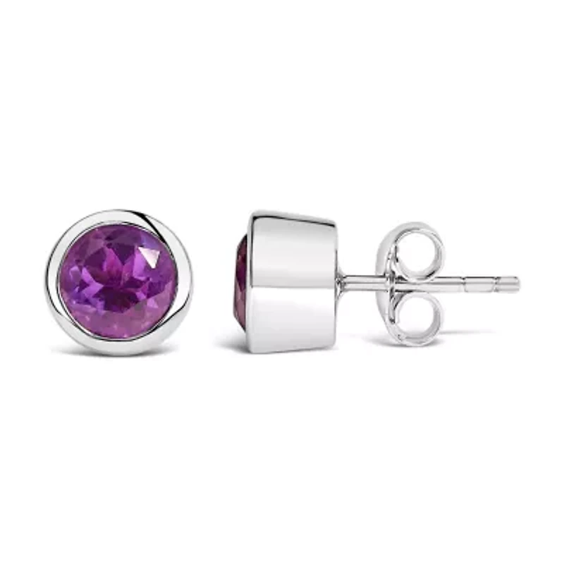 Silver 6MM Bezel Created Purple Amethyst Solitaire Stud Earrings