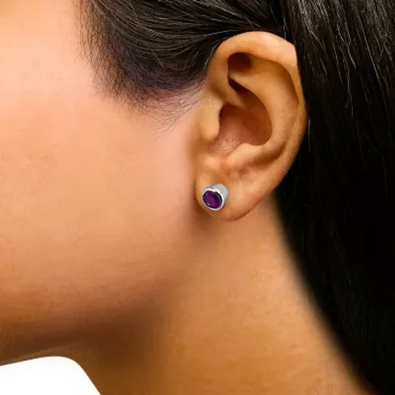 Silver 6MM Bezel Created Purple Amethyst Solitaire Stud Earrings
