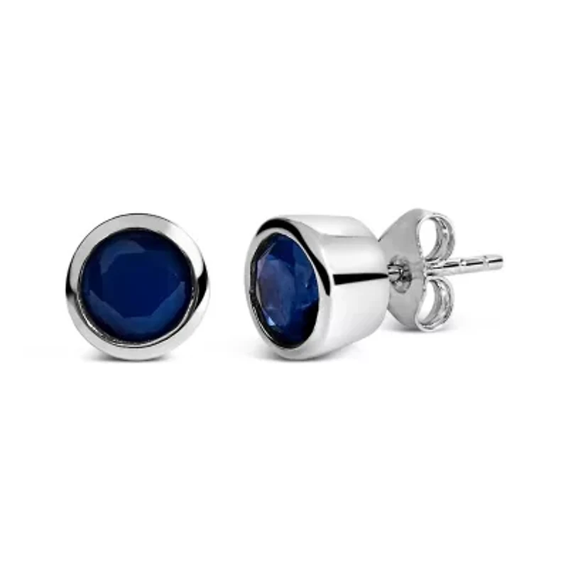 Silver 6MM Bezel Created Blue Sapphire Solitaire Stud Earrings