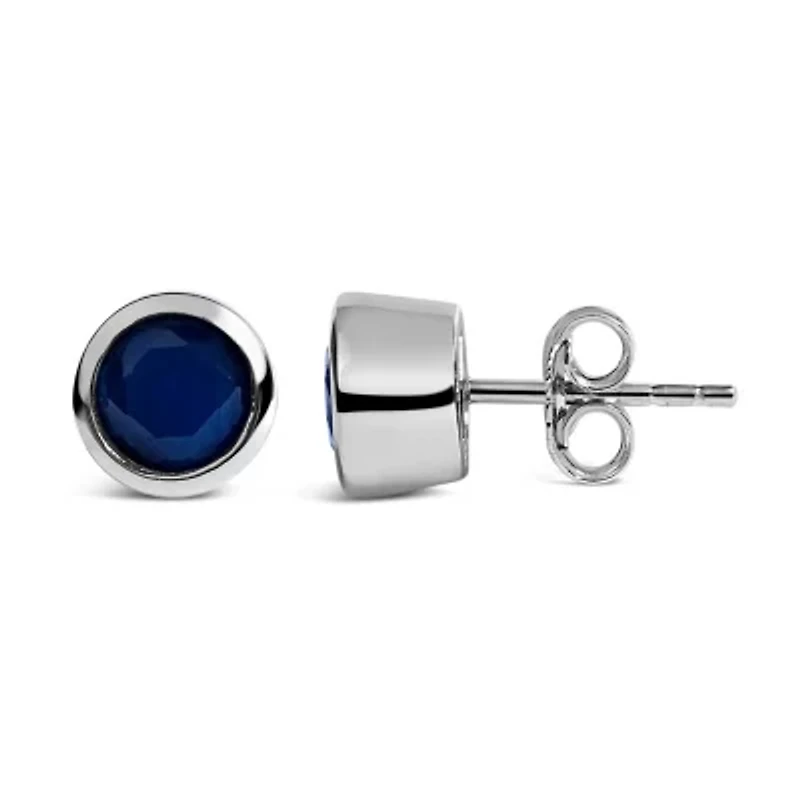 Silver 6MM Bezel Created Blue Sapphire Solitaire Stud Earrings