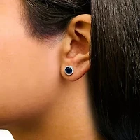 Silver 6MM Bezel Created Blue Sapphire Solitaire Stud Earrings