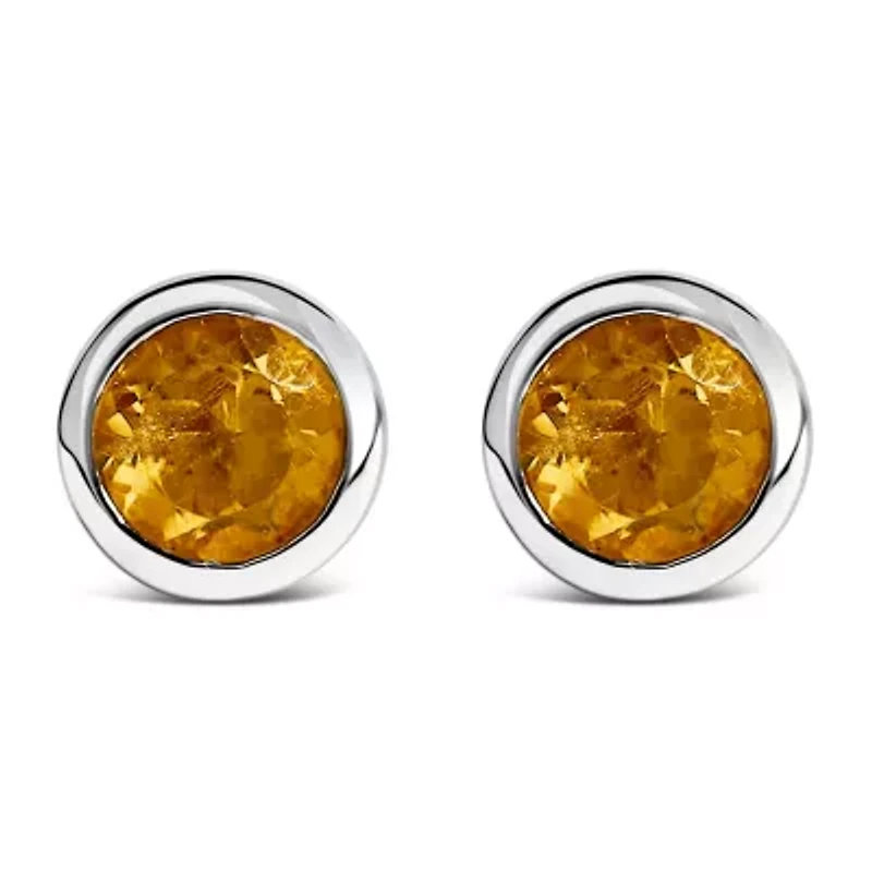 Silver 6MM Bezel Created Yellow Citrine Solitaire Stud Earrings