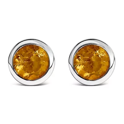 Silver 6MM Bezel Created Yellow Citrine Solitaire Stud Earrings