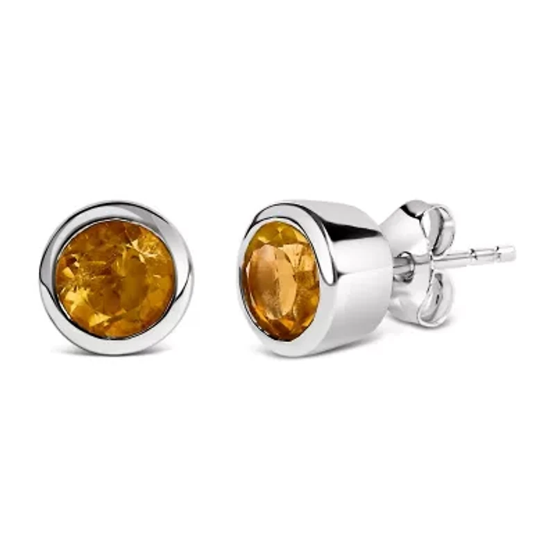 Silver 6MM Bezel Created Yellow Citrine Solitaire Stud Earrings
